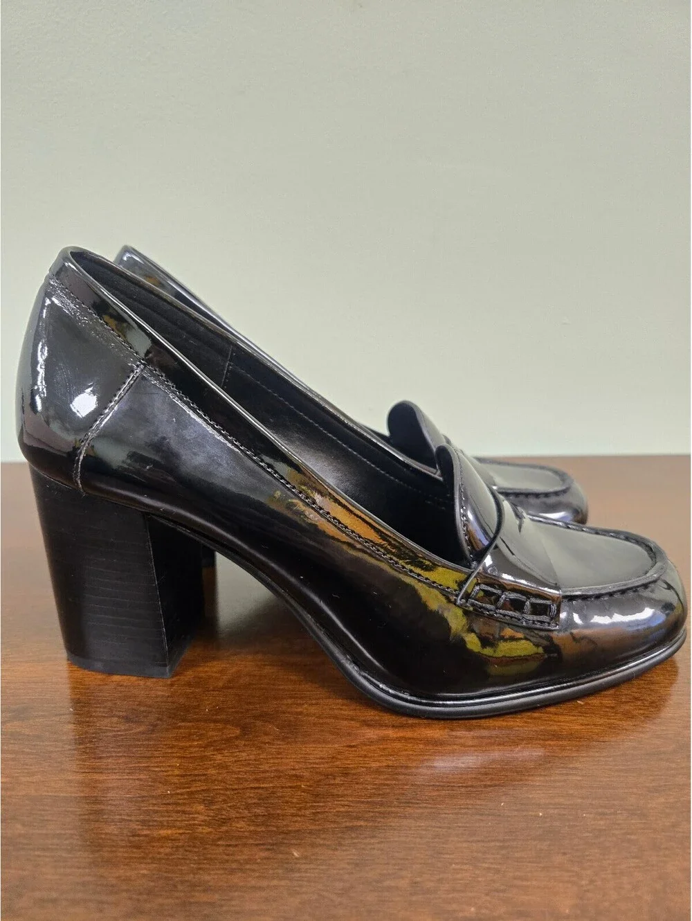 Michael Michael Kors black patent block heel loafers